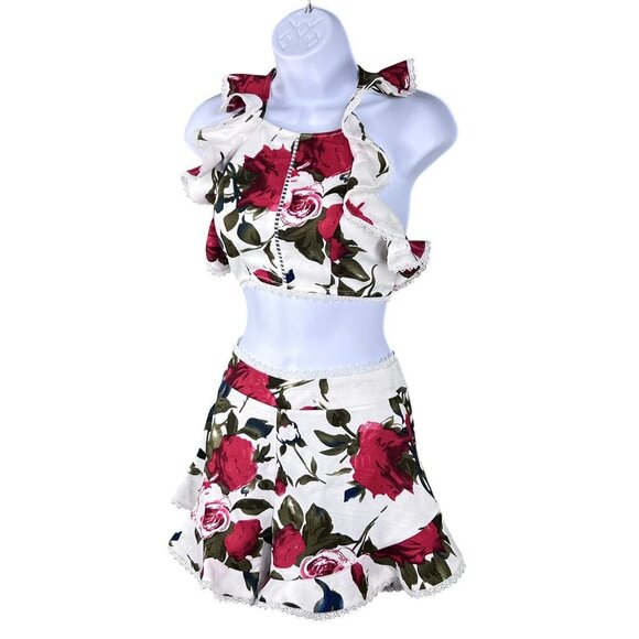 Luxxel NWT S Floral Ruffled 2 Piece Crop Top High Waist Short Set Marilyn Monroe - Picture 4 of 16